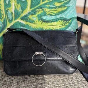 DKNY Vintage Black Genuine Leather Embossed Shoulder Bag Purse Purple Lining